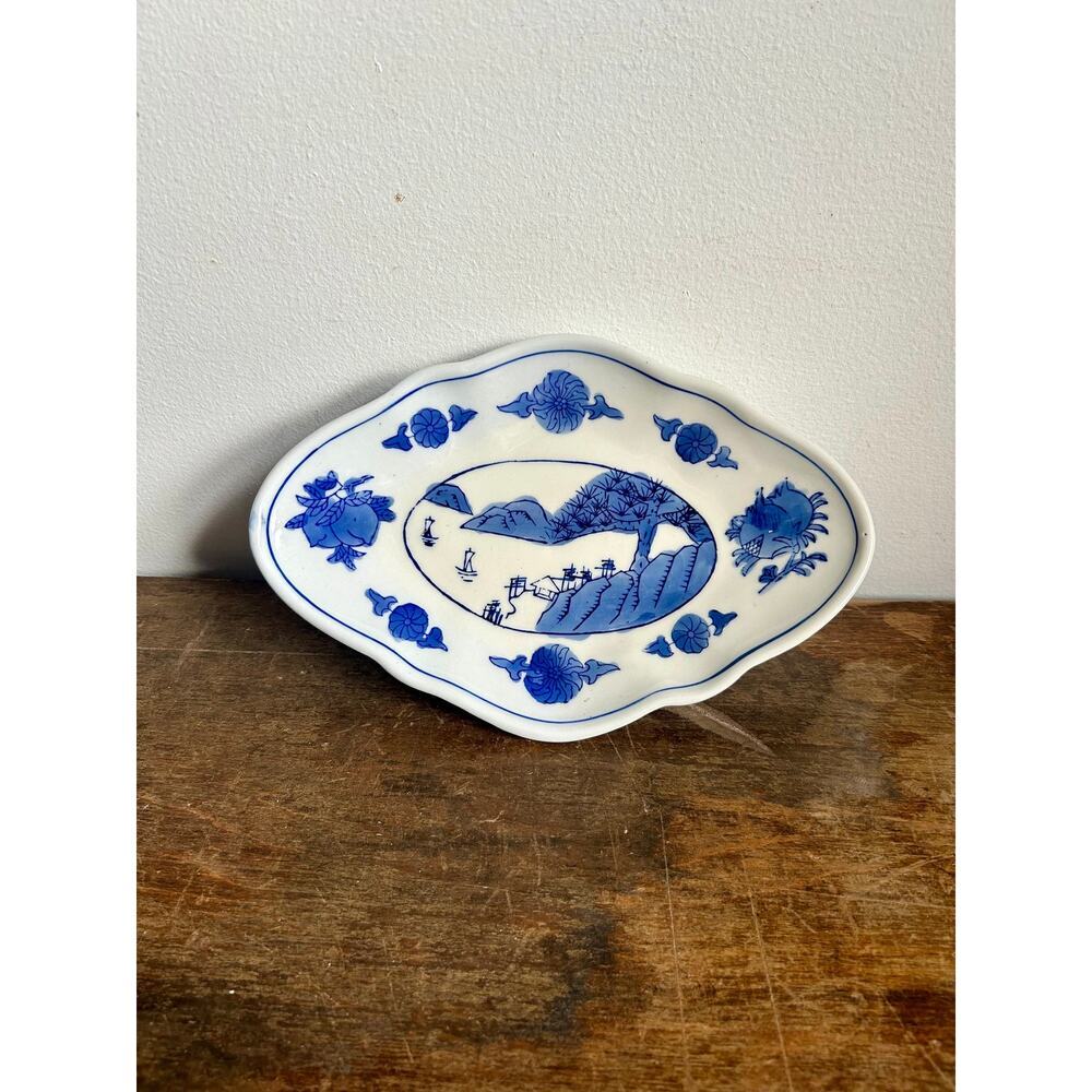 Asian Raised Catch All Dish | Vintage Blue and White Jewelry Bowl | Key Bowl